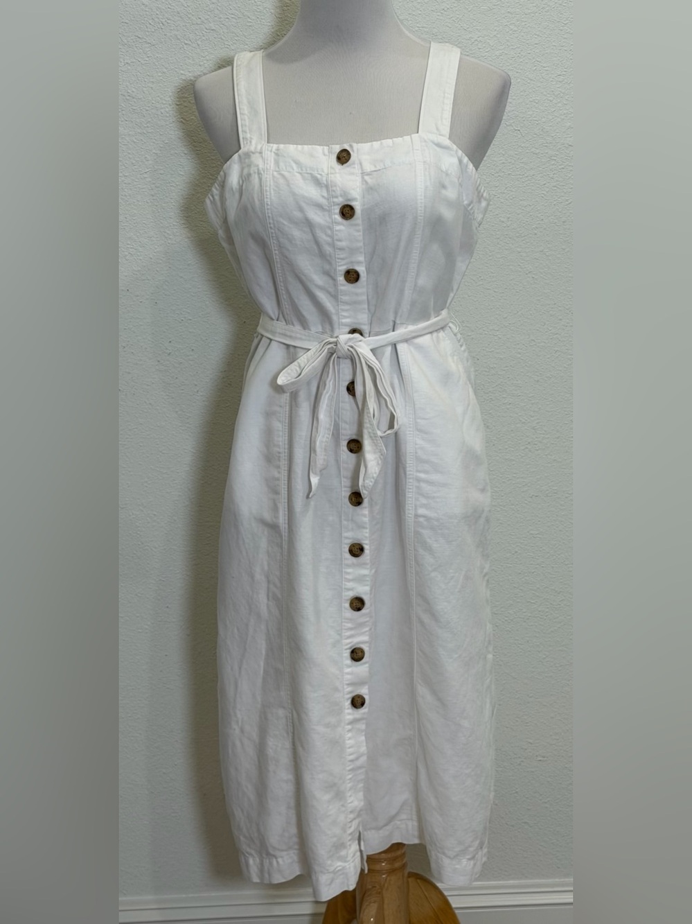 LOFT Linen Blend Button Front Tie Waist Midi Dress 8P 8 Petite White Sleeveless